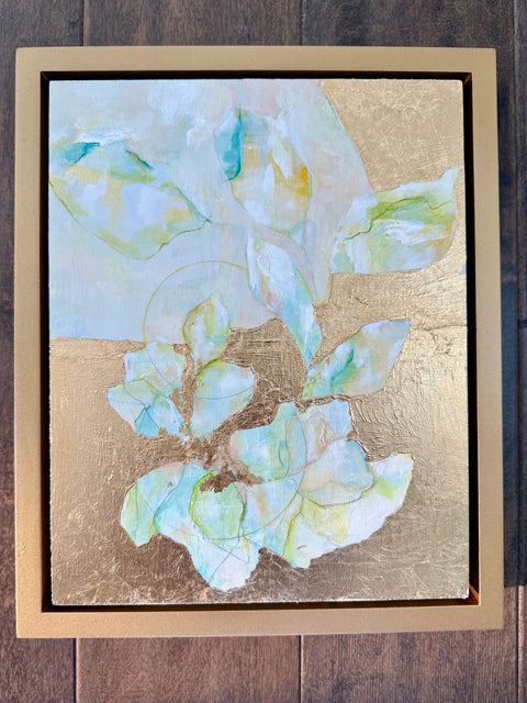 Artistic depiction of a plant with blue and green leaves on a gold background, framed in gold.