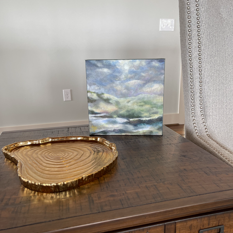 Original artwork depicting a cloudy morning sky, with a blend of blue and white hues, titled 'Easter Morning'. 10x10 Canvas.